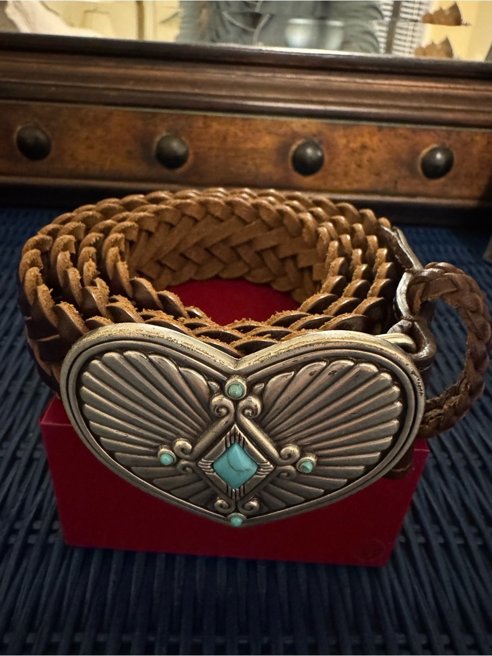 βBrighton Vintage/Retired Western Heart Turquoise Braided Leather Beltβ